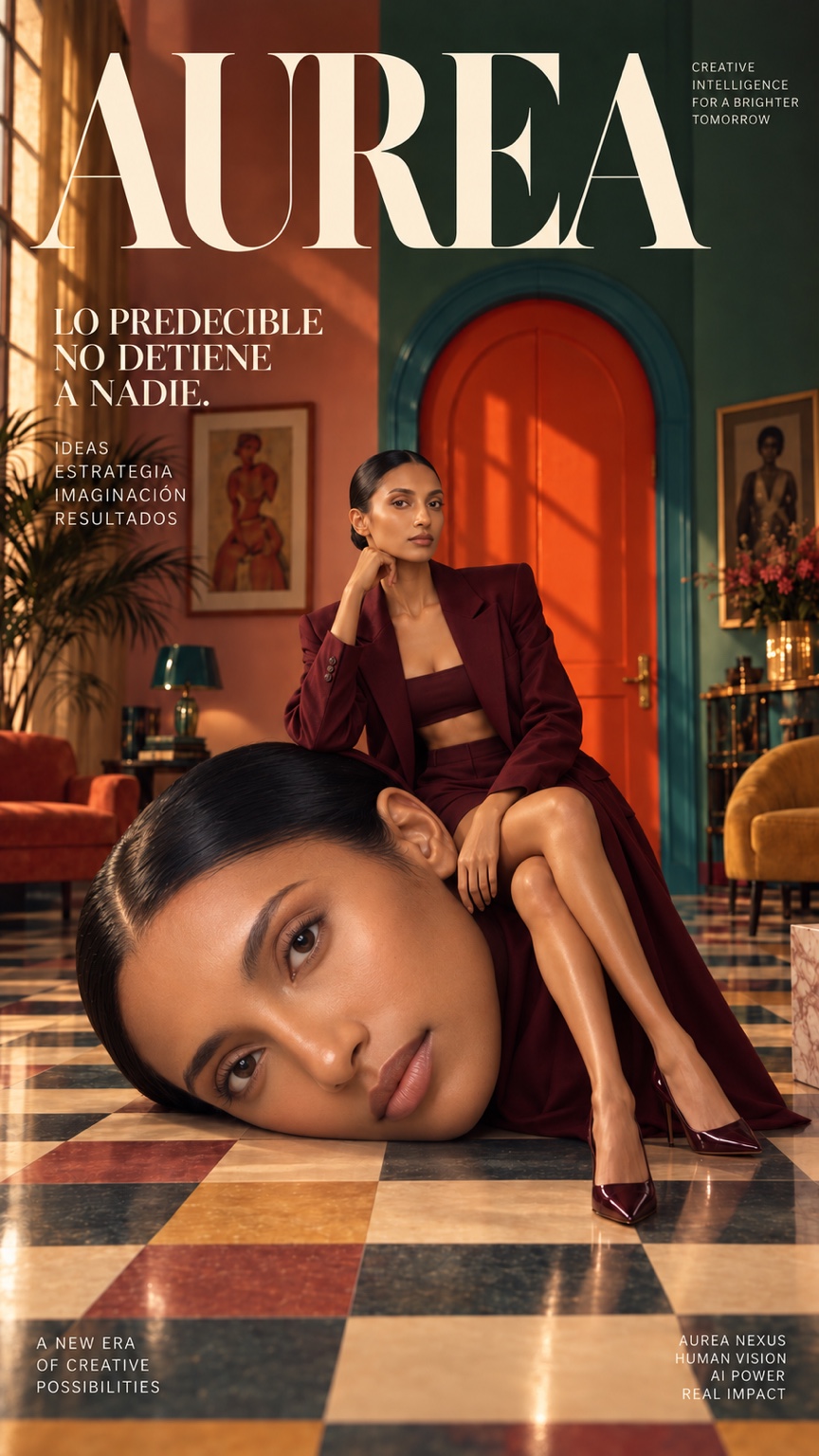 AUREA editorial cover with a burgundy-clad model in a colourful interior